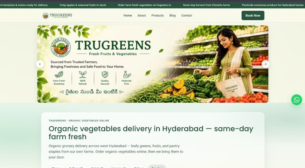 Trugreens organic vegetables delivery Hyderabad website case study by WebNextra