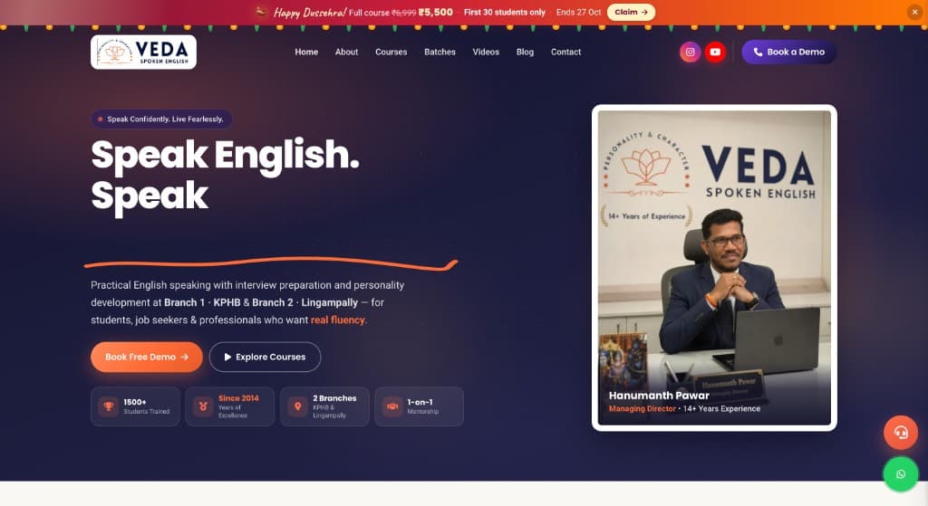 Veda Spoken English institute KPHB website case study by WebNextra