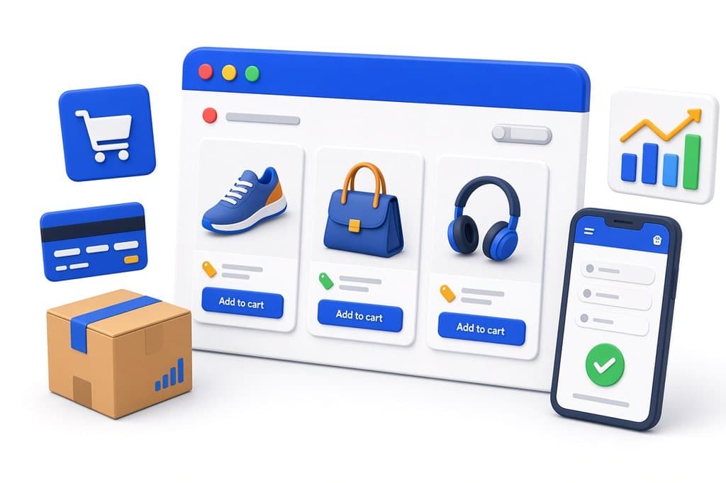 WebNextra e-commerce development illustration showing a storefront with product cards, a shopping cart, a payment card, a parcel and a sales chart