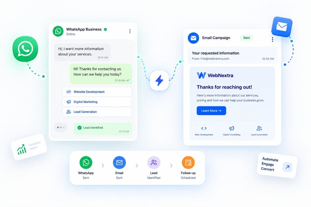 WebNextra WhatsApp and email automation workflow showing chat replies, campaign email and lead follow-up steps